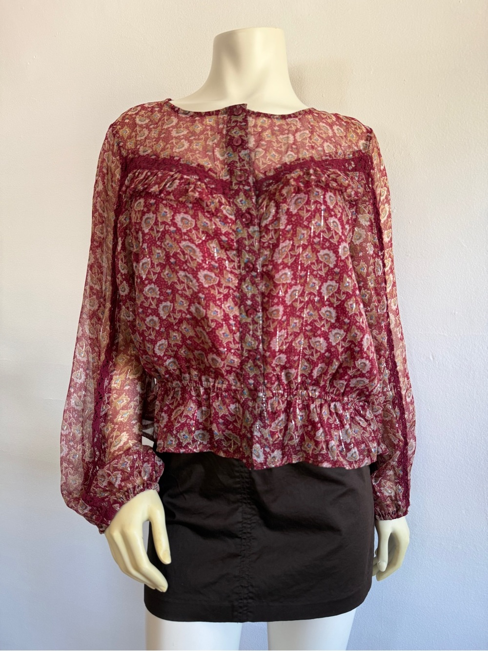American Eagle Burgundy Sheer Floral Button-Front Blouse